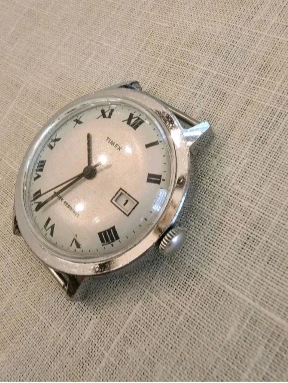 Vintage 73 Timex Marlin Watch Unique Iridescent White Dial Silver Case 34mm Date
